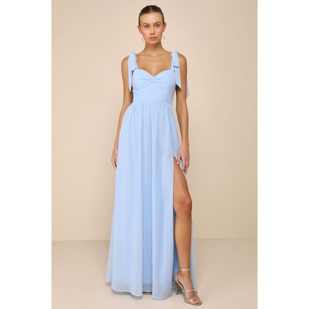 HEMMED lulus radiant Charisma Light Blue Chiffon Ruched Tie-strap Maxi Dress